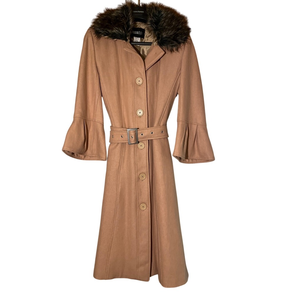 Metrostyle Women Wool Blend Faux Fur‎ Collar Belted Trench Coat Camel Size 10